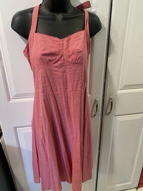 Red Gingham Midi Dress with Sweetheart Neckline